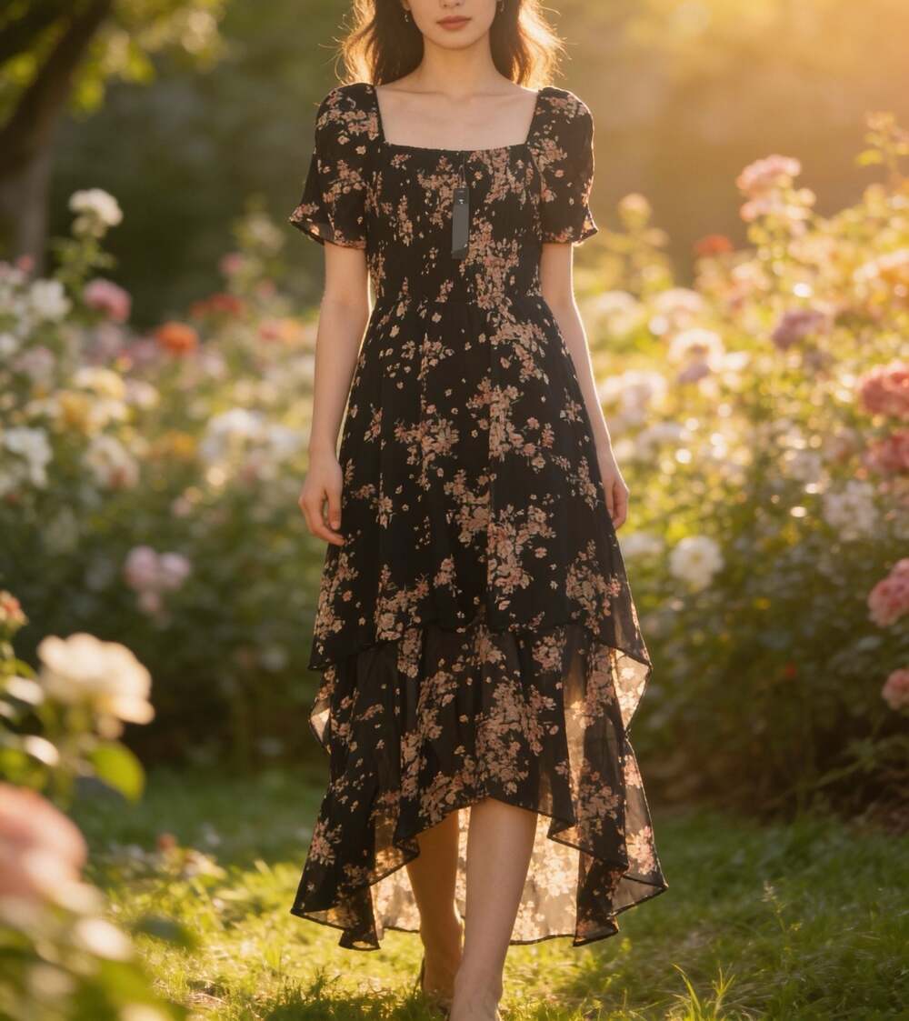 As U Wish Women's Black Floral Smocked High-Low Chiffon Dress NWT